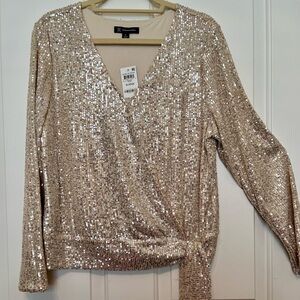 Inc International Concepts-silver sequin blouson faux tie top.